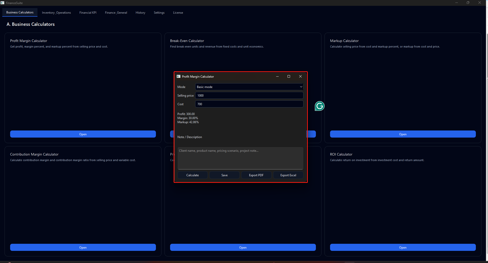 FICO369 screen: Settings