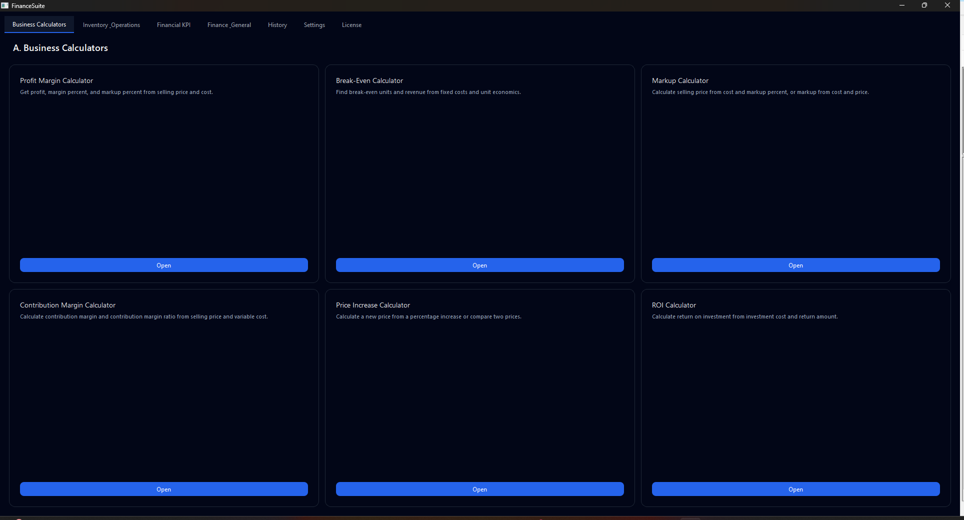 FICO369 FinanceSuite dashboard with calculator sections