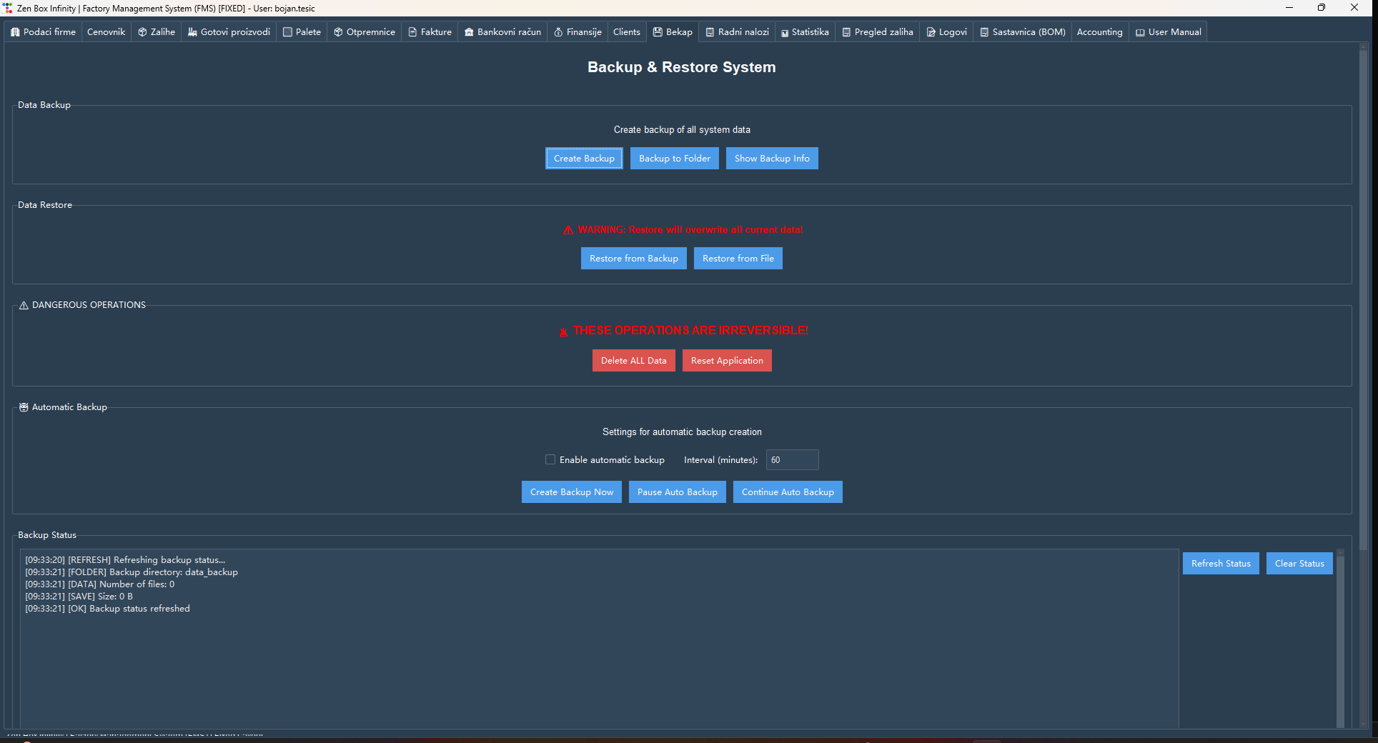 FMS screen: Backup & restore