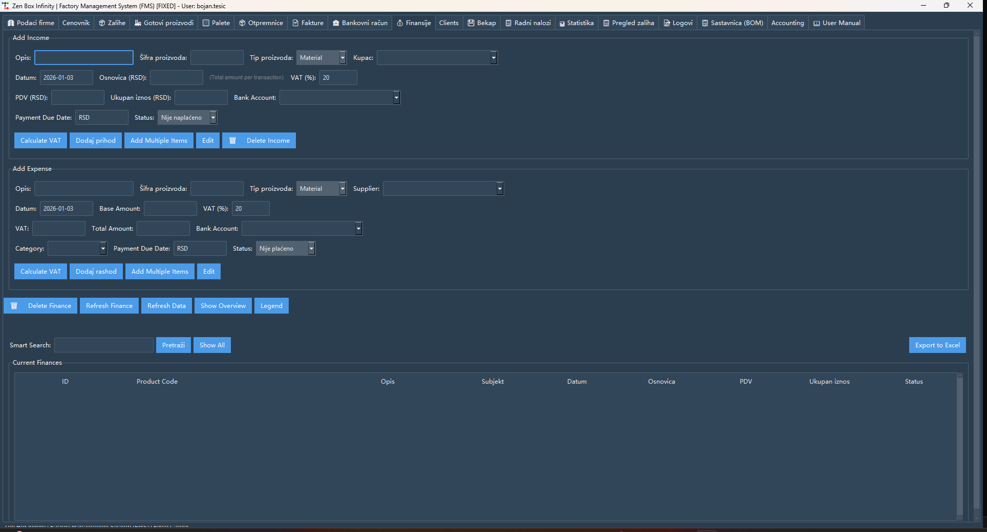 FMS screen: Finance module