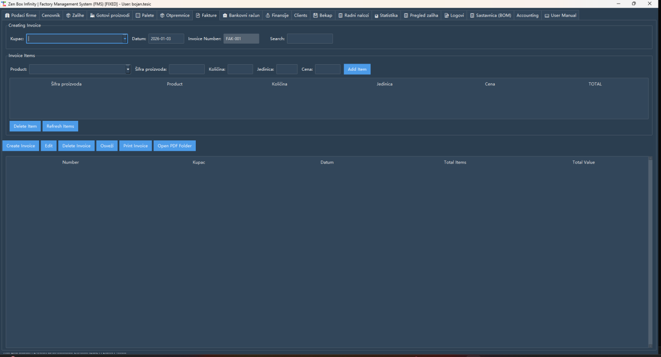FMS screen: Invoices linked to customers and product line…