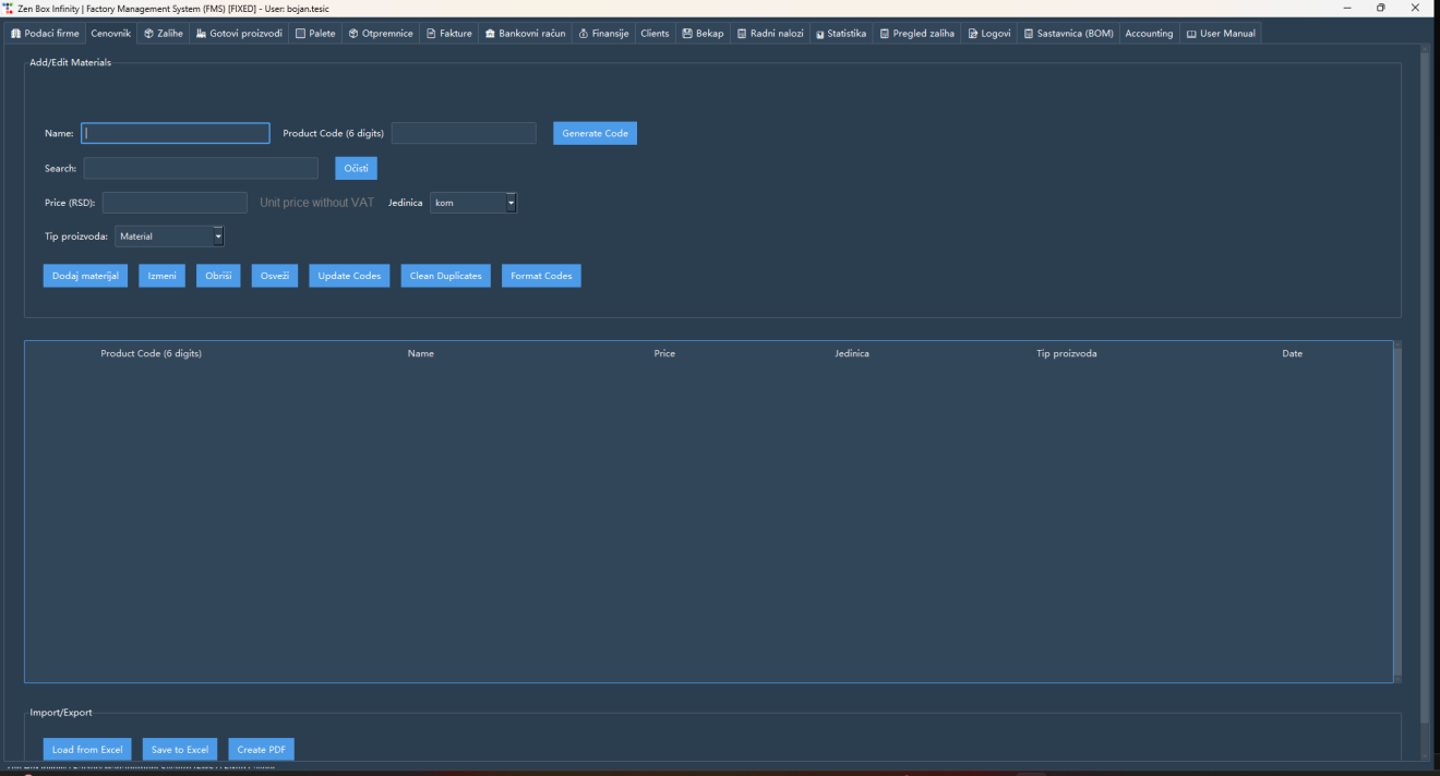 FMS modules screen for factory operations and inventory workflows