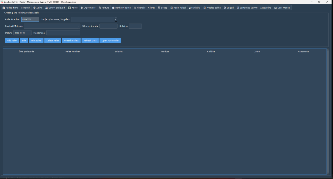 FMS export screen for PDF and data output