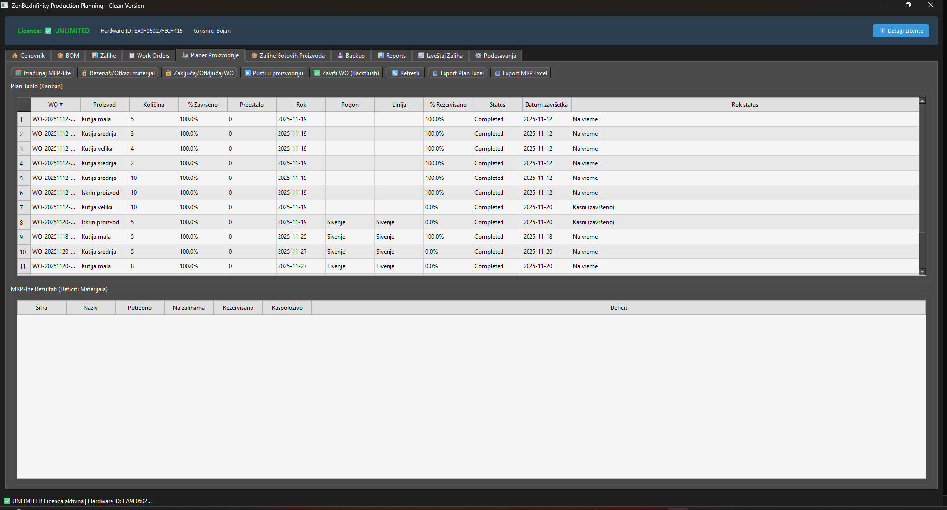 PPA export screen for production plan output