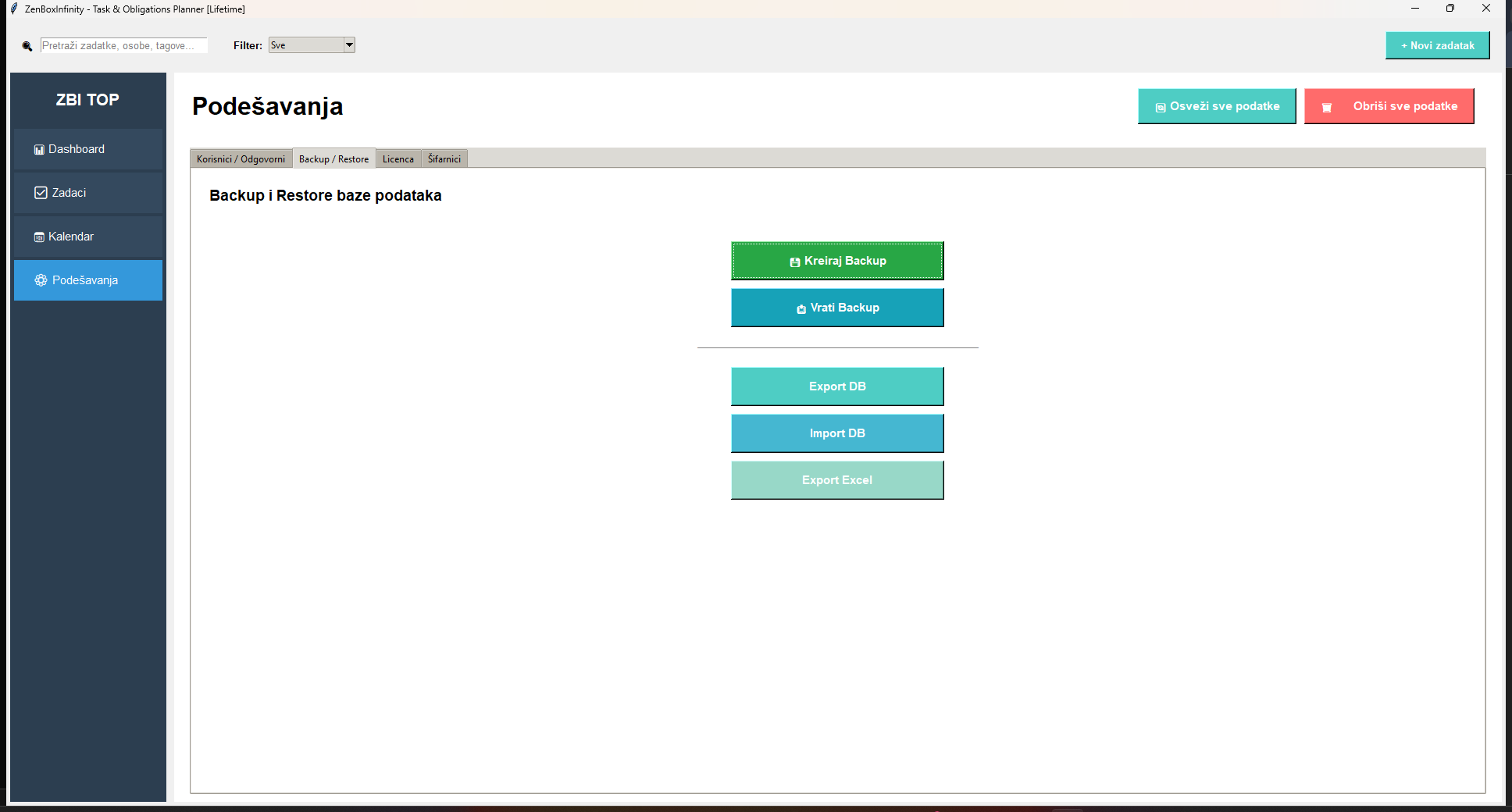 TOP settings screen for users and catalogs